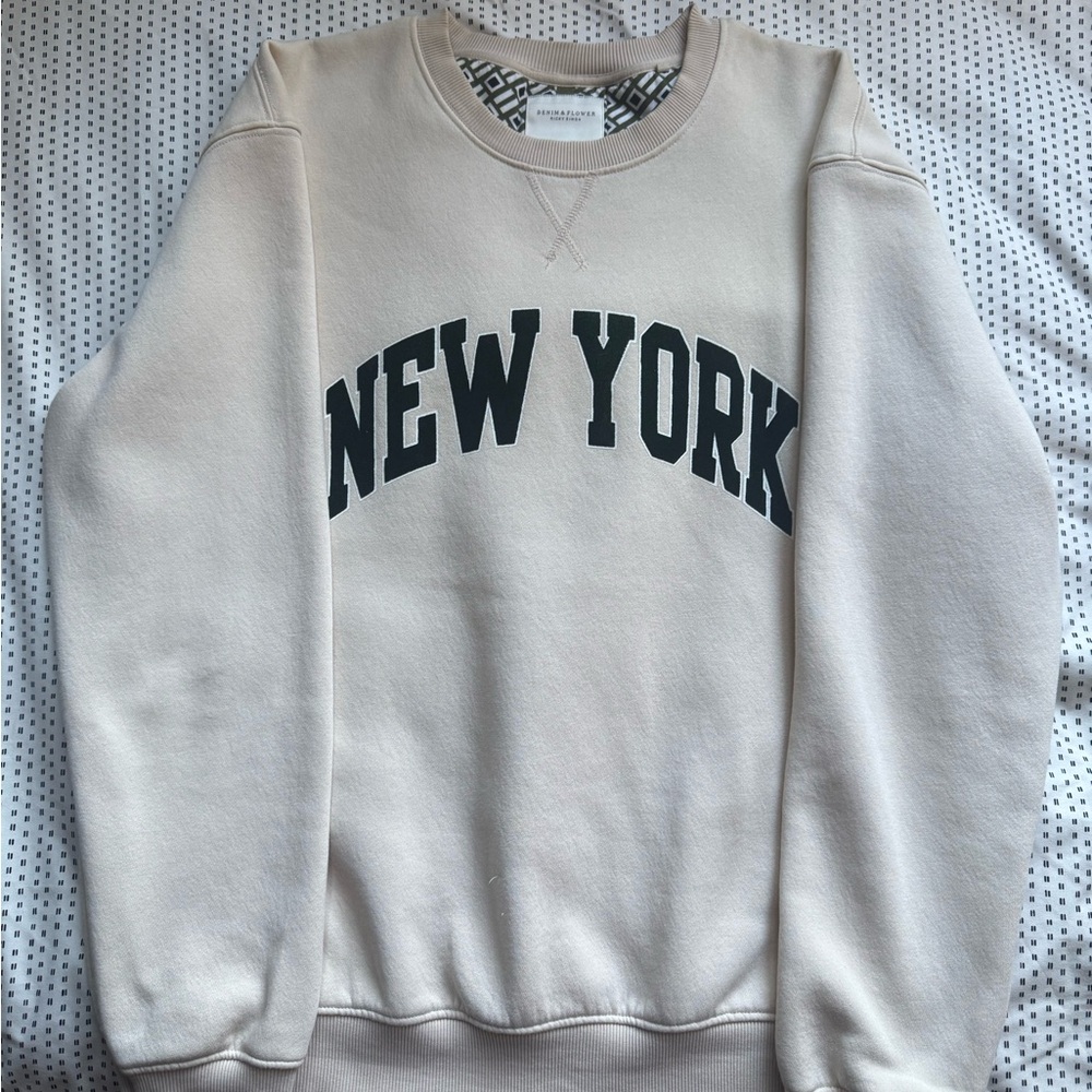 Denim & Flower Cream Crewneck Sweater